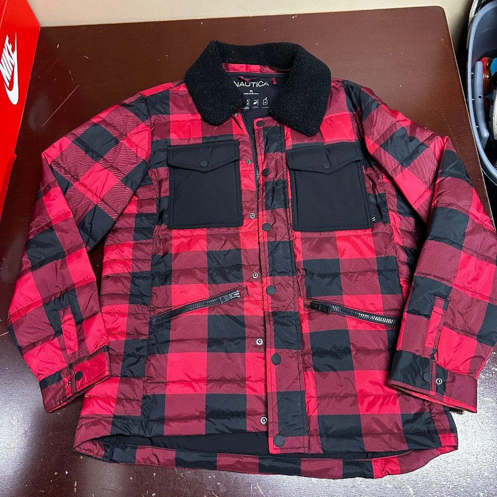 Nautica Mens Black Red Plaid Long Sleeve Collared Wind Resistant Jacket Size M